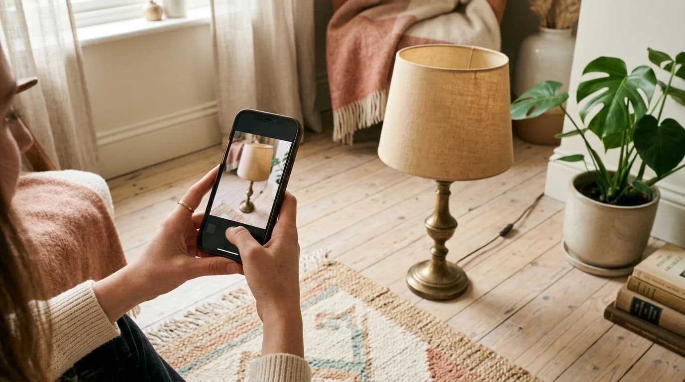 Person fotograferar en mässingslampa med mobilen hemma i vardagsrummet för att lägga till bilder i annonsen