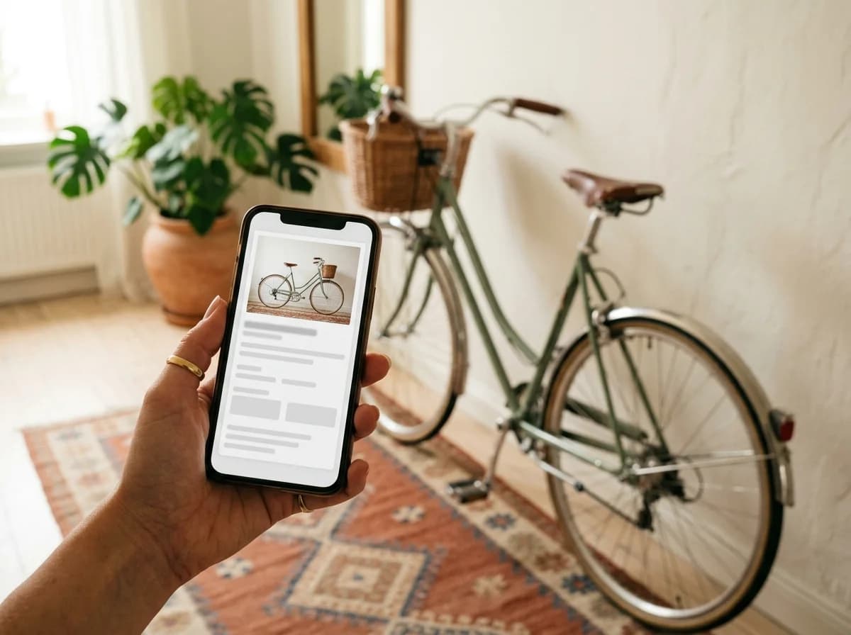 Mobilen visar den färdiga annonsen för cykeln som står bakom – från foto till publicerad annons på Fyndare