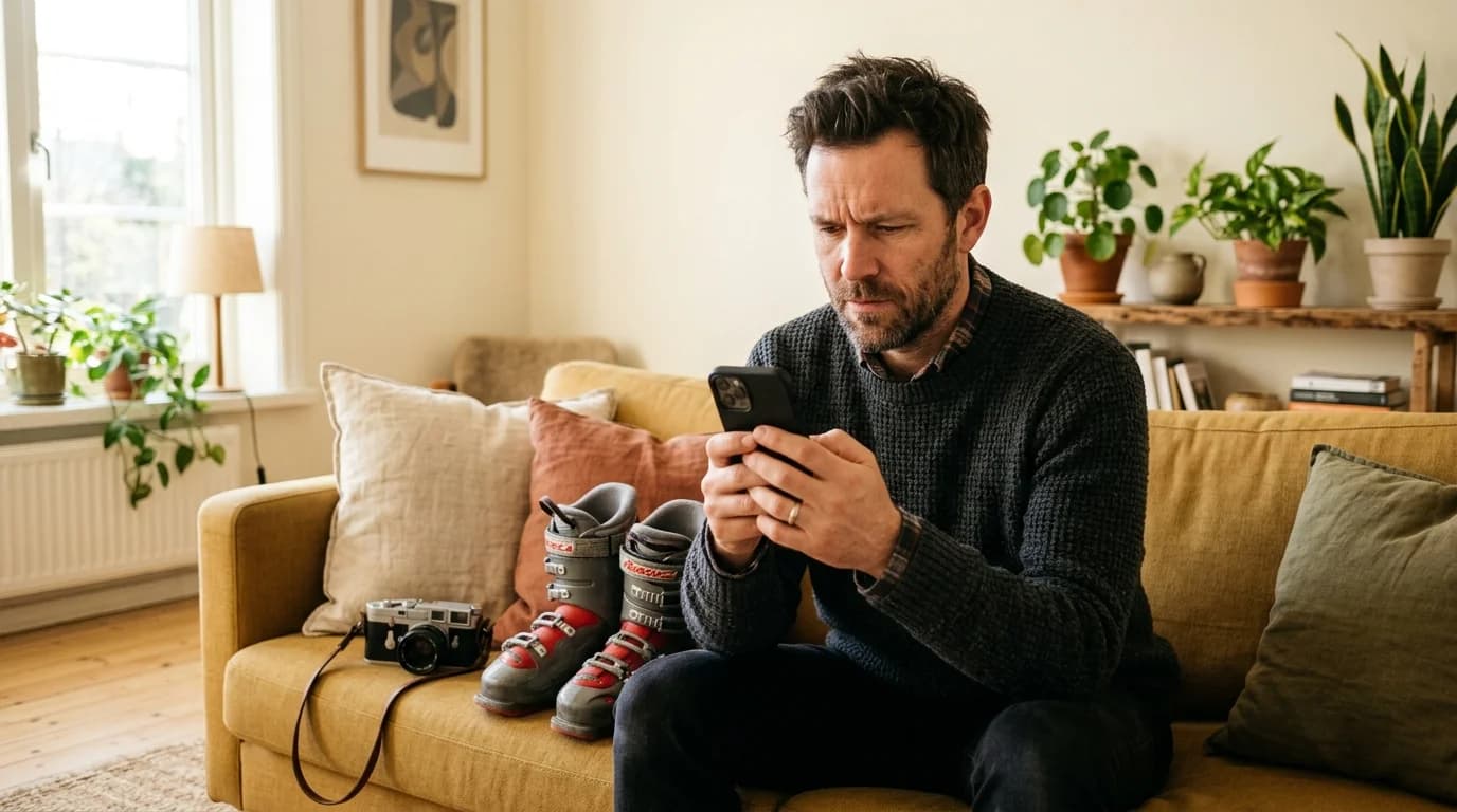 Man i soffan läser noggrant igenom annonsutkastet i mobilen innan han publicerar, med kamera och pjäxor bredvid sig