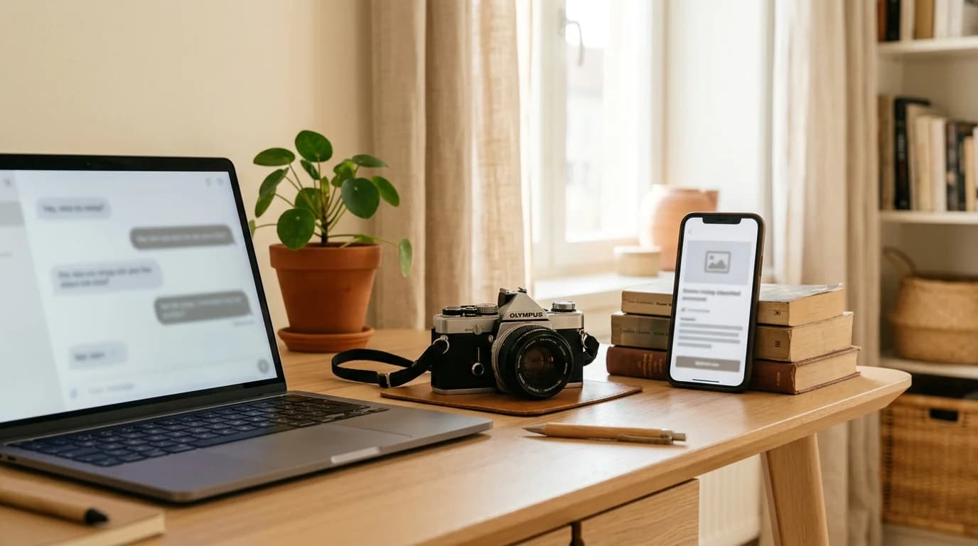 Skrivbord med en laptop där en chatt pågår och en mobil som visar det förberedda annonsutkastet på Fyndare