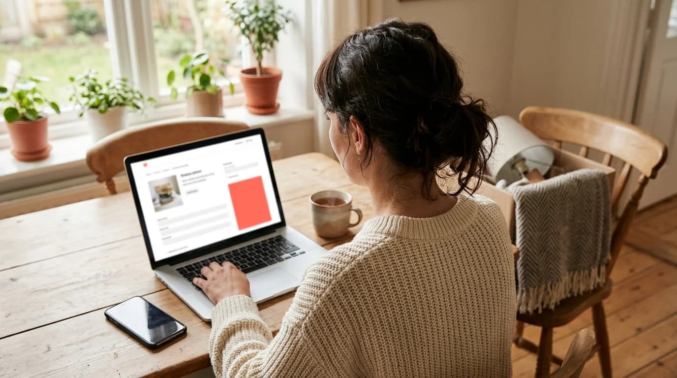 Säljare granskar och slutför det förberedda annonsutkastet på Fyndare i sin laptop
