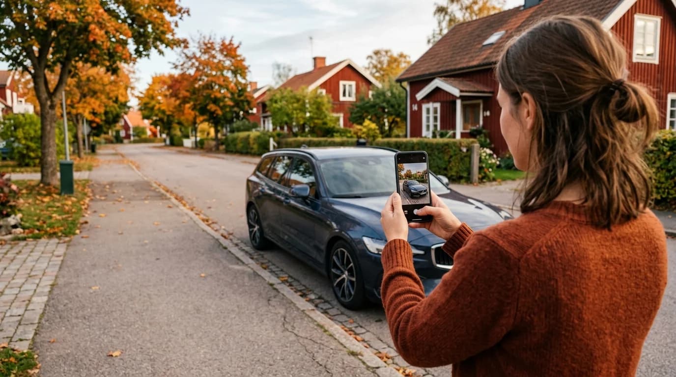 Person fotograferar sin bil med mobilen på en svensk villagata för att skapa en gratis bilannons på Fyndare