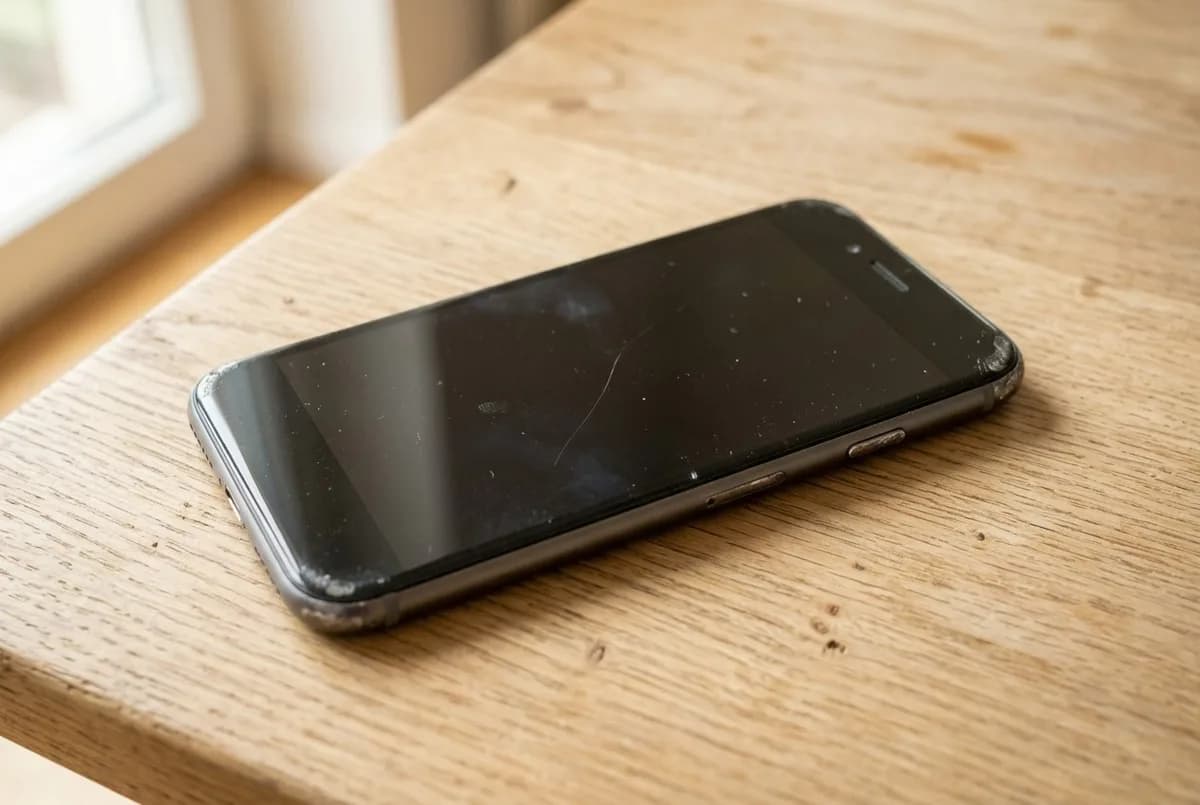 En begagnad telefon i space gray med sprucken skärm, fotograferad rakt från mobilen på ett köksbord