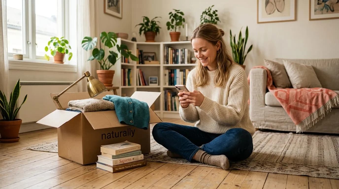 Person sitter på golvet med en låda saker att sälja och lägger upp en annons i mobilen i ett ljust hem