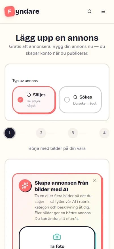 Skärmen där du skapar en annons på Fyndare: välj Säljes eller Sökes och låt AI:n fylla i rubrik, kategori och beskrivning från dina bilder