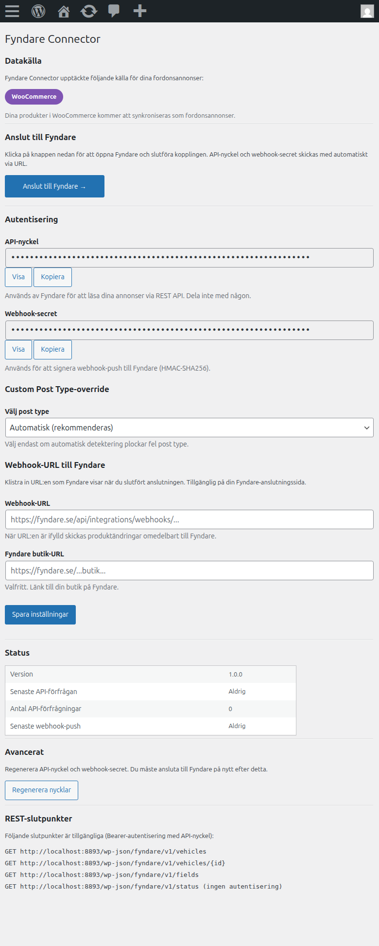 Fyndare Connector-inställningssidan i WordPress-admin: datakälla (WooCommerce), Anslut till Fyndare-knapp, API-nyckel + Webhook-nyckel