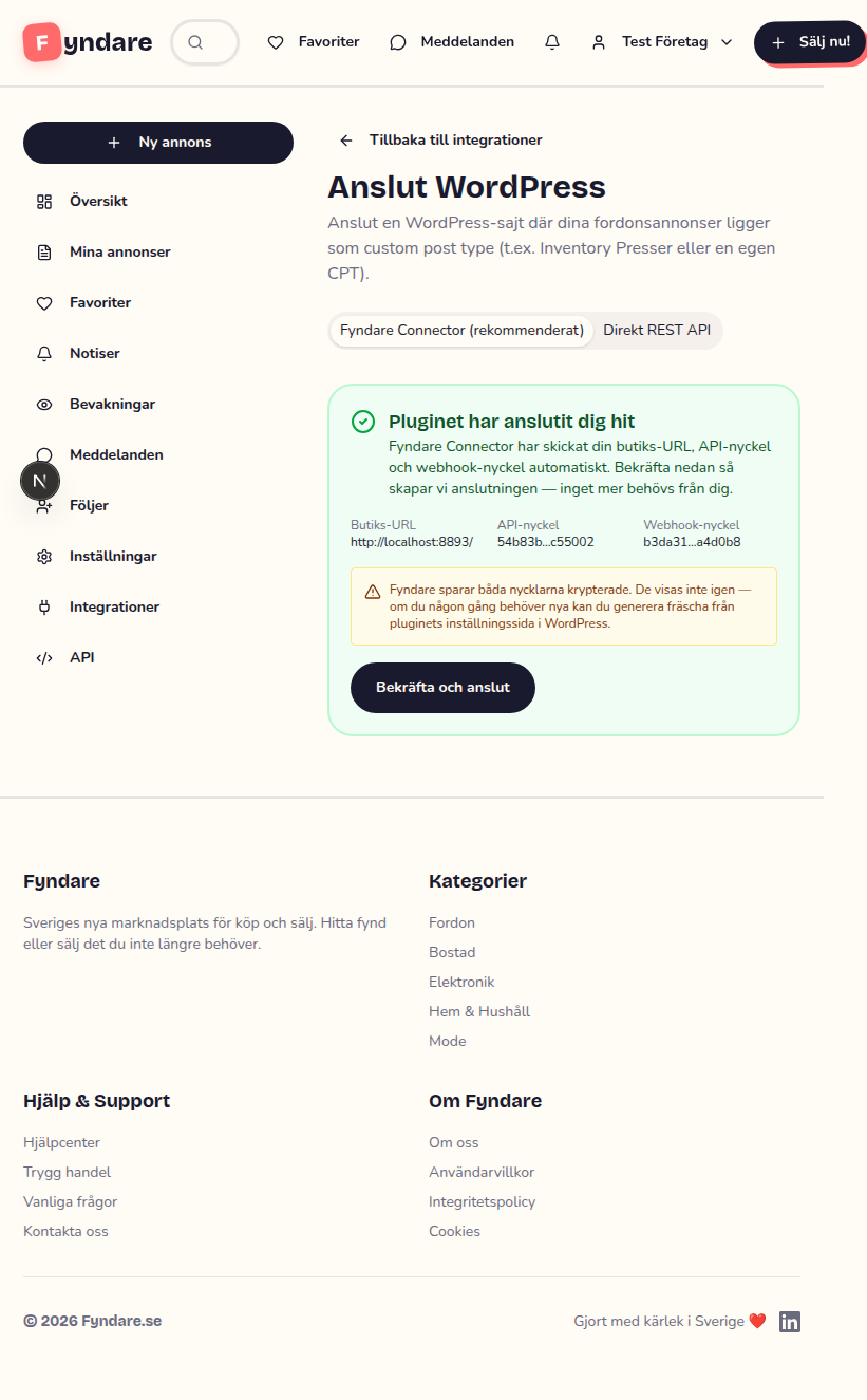 Fyndares gröna bekräftelsekort 'Pluginet har anslutit dig hit' med Bekräfta och anslut-knappen