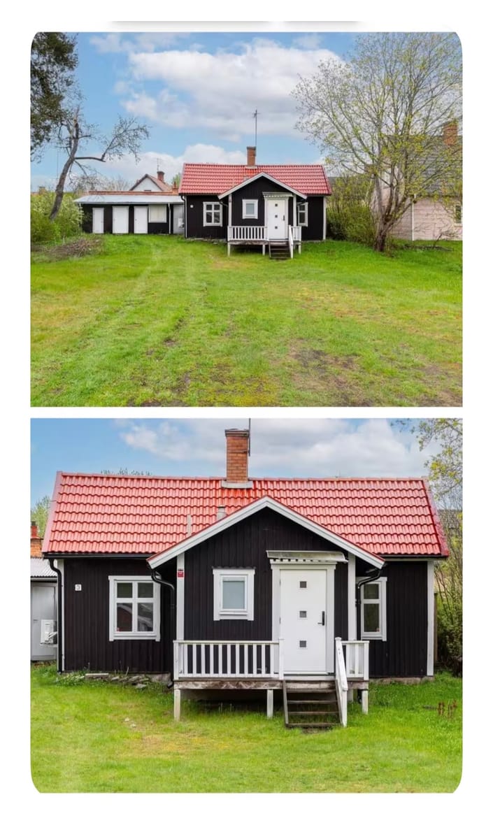 Charmig fritidsstuga med rött tak och stor altan