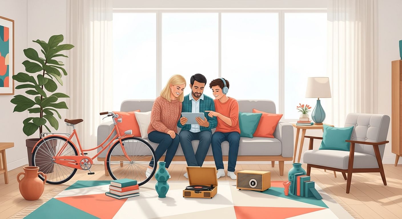 Familj som bläddrar bland begagnade prylar online