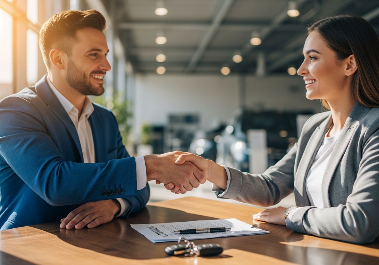 Två personer skakar hand efter bilköp med kontrakt och nycklar på bordet