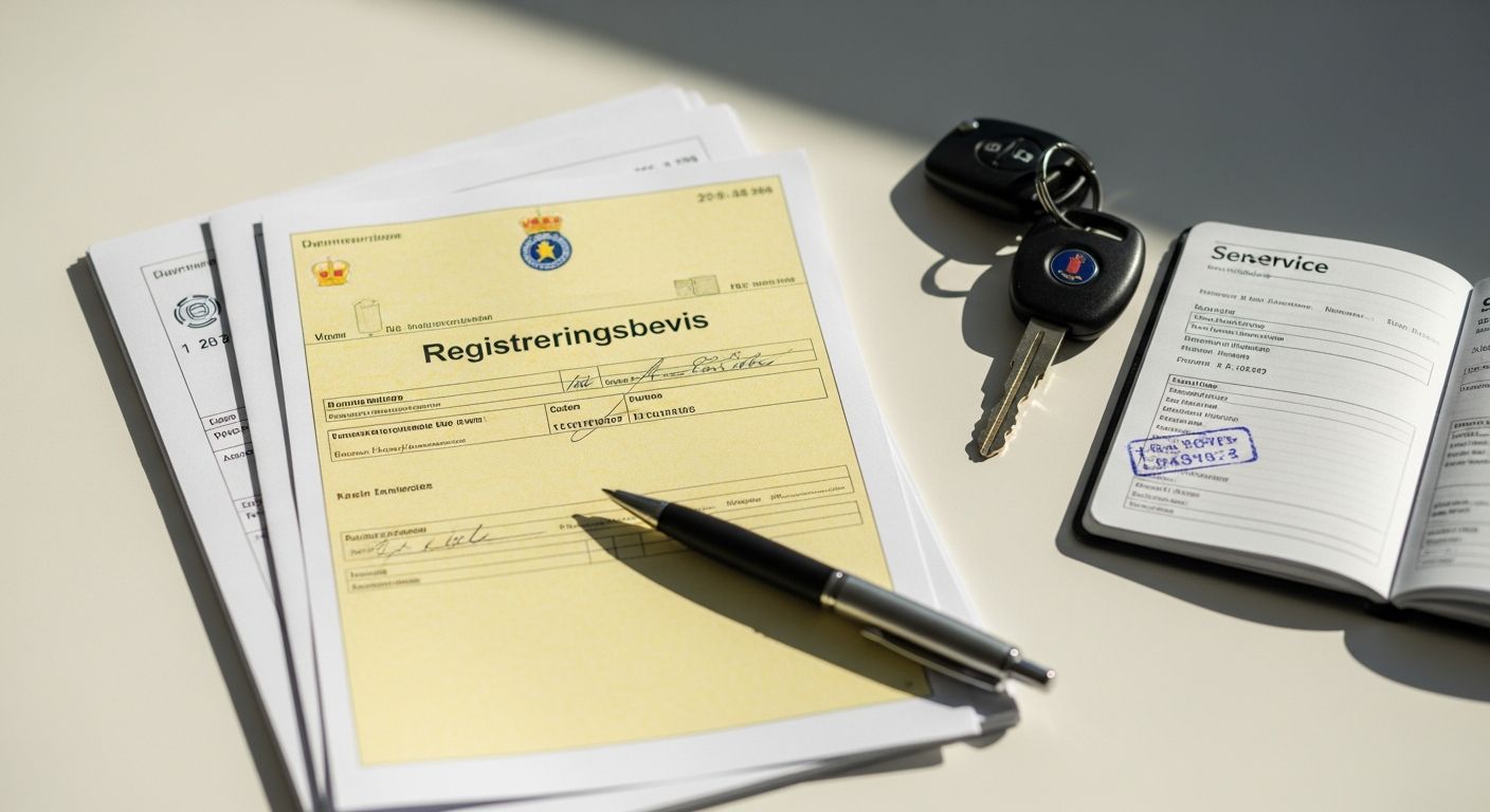 Dokument, servicebok och bilnycklar upplagda på ett bord – redo för bilförsäljning