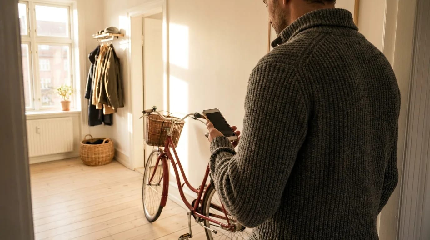 Man i hallen med sin röda cykel och mobilen i handen, redo att lägga upp den till försäljning