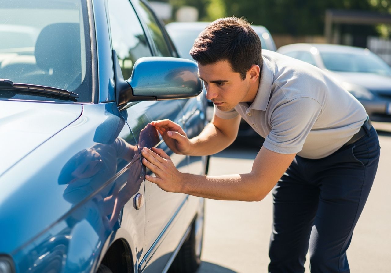 Person som inspekterar en begagnad bil utvändigt i dagsljus