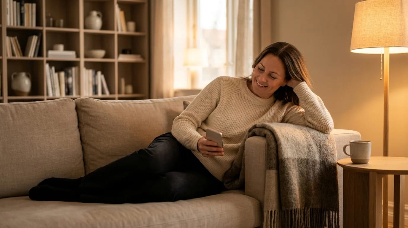 Kvinna i soffan läser lugnt ett meddelande i mobilen en kväll hemma