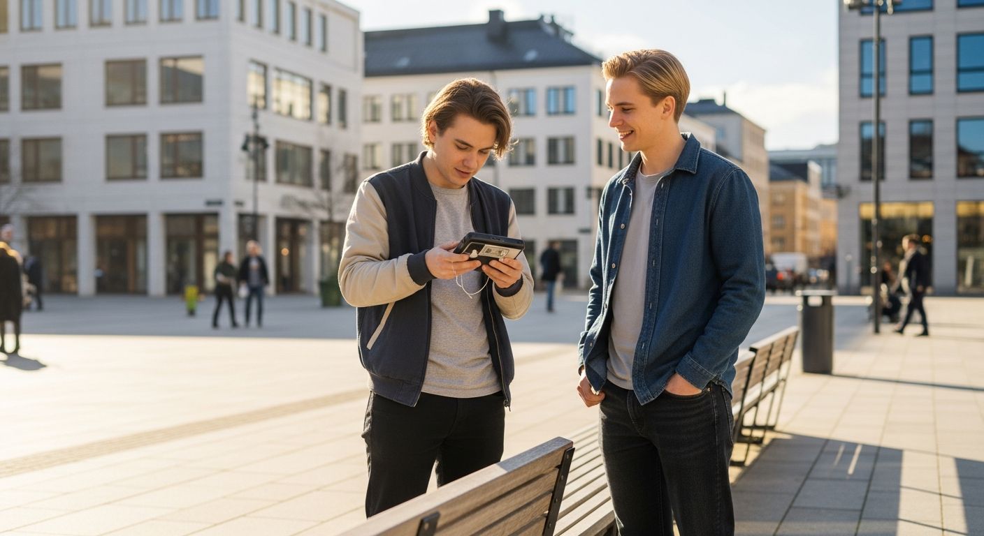 Två personer möts på en offentlig plats för att genomföra en trygg affär